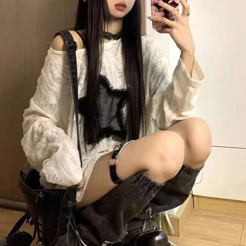 Y2K Hole Star Print T-Shirt Women Fashion Streetwear Off Shoulder Tops Summer Oversized Kpop Long Sleeve Loose Tees Ladies New - Image 5