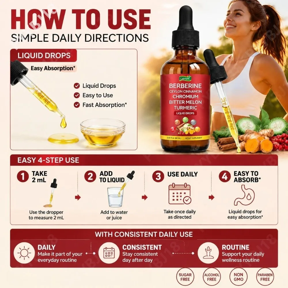 Berberine Liquid Drops with Chromium, Ceylon Cinnamon, Bitter Melon, Turmeric & Botanical Blend, Daily Wellness Support, 60 mL - Image 5