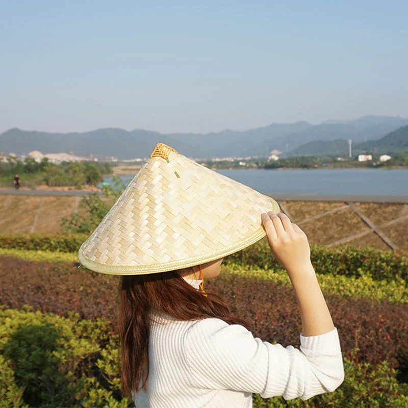 Traditional Chinese Fisherman Hat, Green Conical Bamboo Woven, Handmade Rattan Straw Bucket Hat
