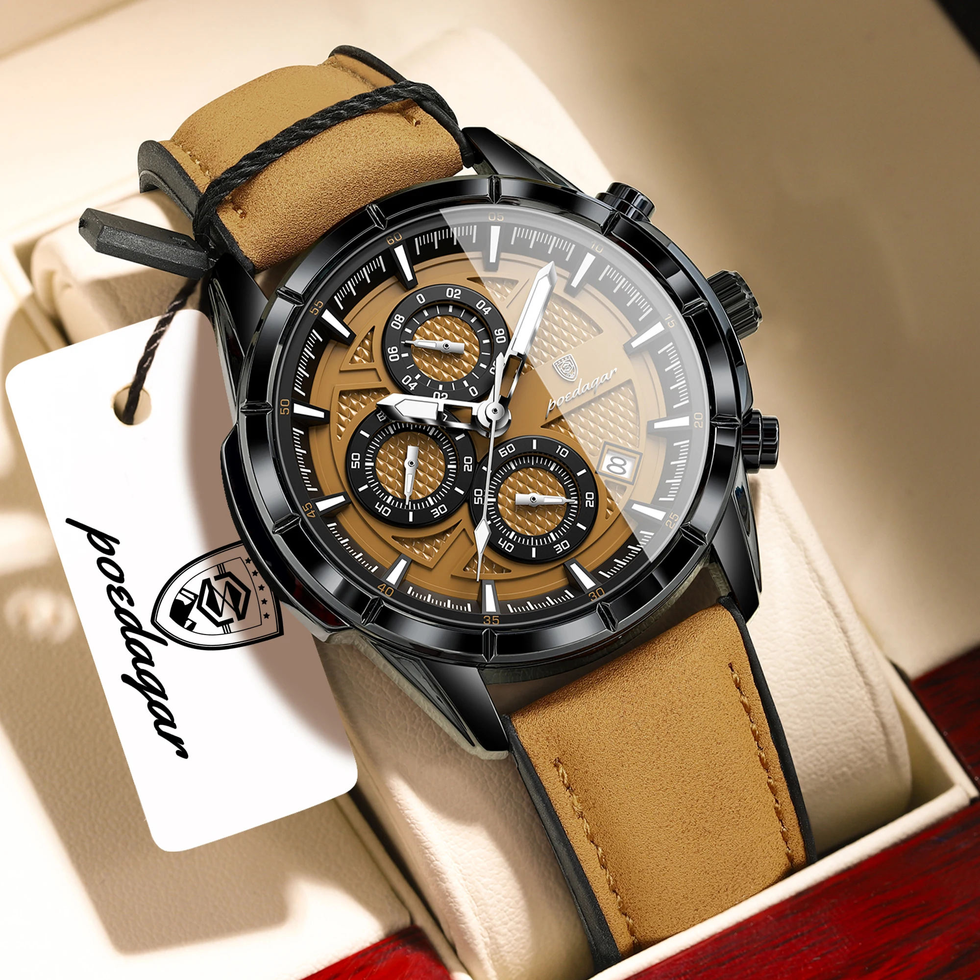 POEDAGAR Fashion Men Wristwatch Luminous Waterproof Leather Quartz Sports Men's Watches Date Chronograph Military Man Clock Gift - Image 2