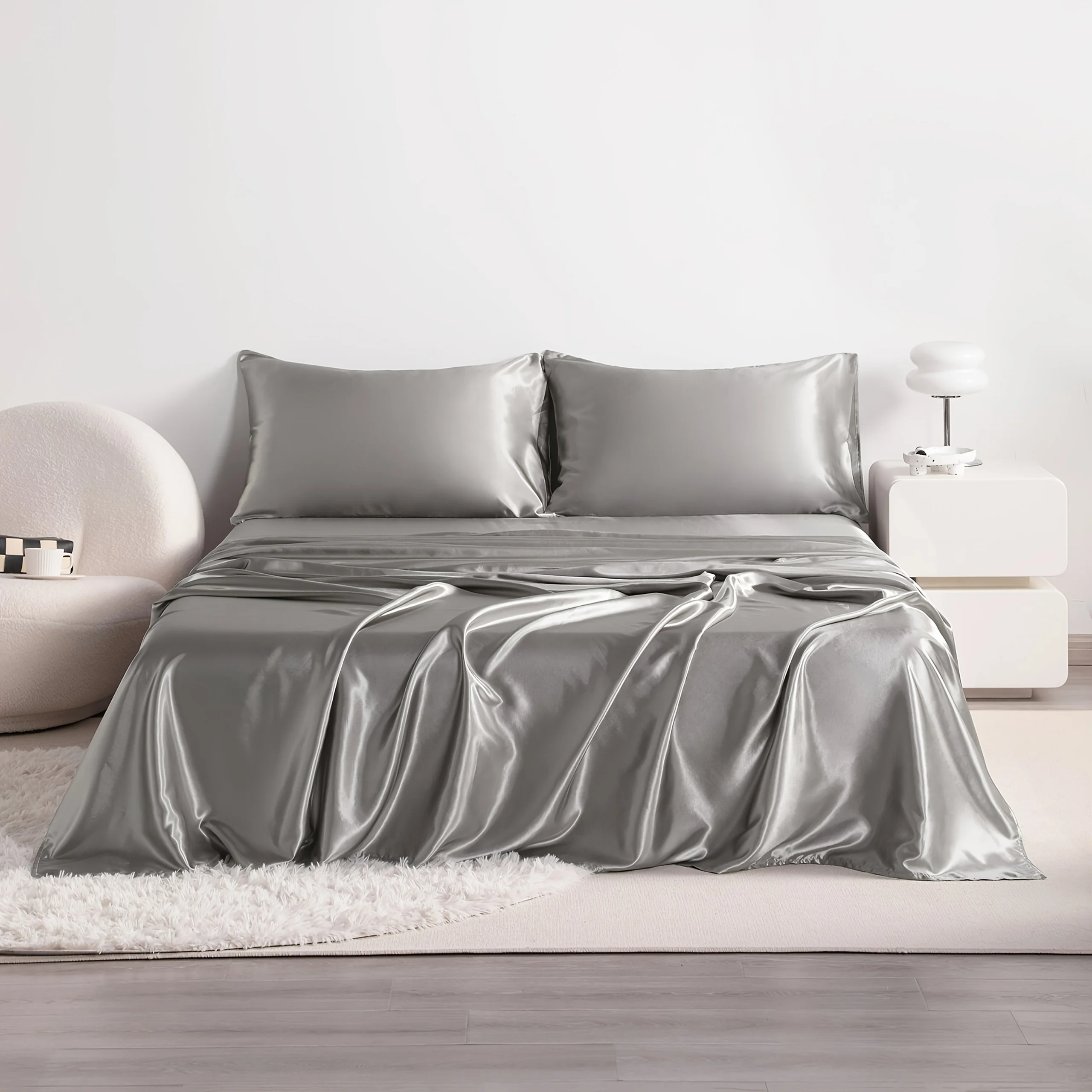 4pcs Cooling Satin Bed Sheet Set, Shrink-Resistant, Fade-Resistant, Hypoallergenic, Breathable, Flat Sheet & Fitted Sheet & Pill - Image 4