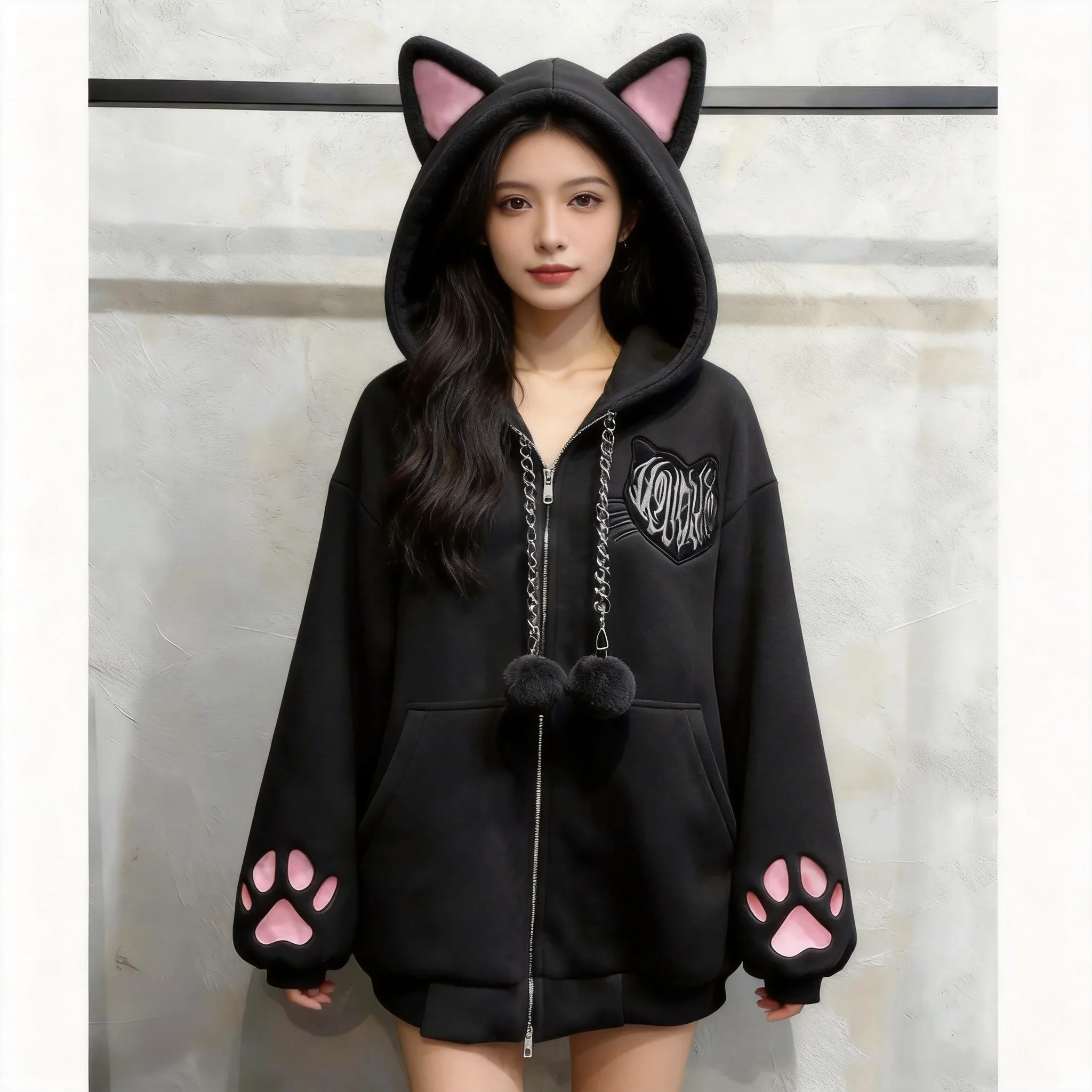 Cute Cat Ear Velvet Hoodies Women Cat Claw Long Sleeve Coat Black Harajuku Y2k 2000s Punk Rock Goth Sweetheart Women Jackets - Image 5