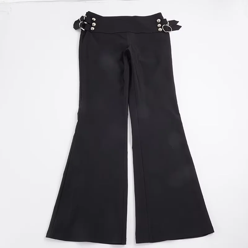 Y2K Black Micro Flare Pants Women Low Waist Slim Button Detailed Side Zipper Fashion Gothic Trendy Casual Pants - Image 5