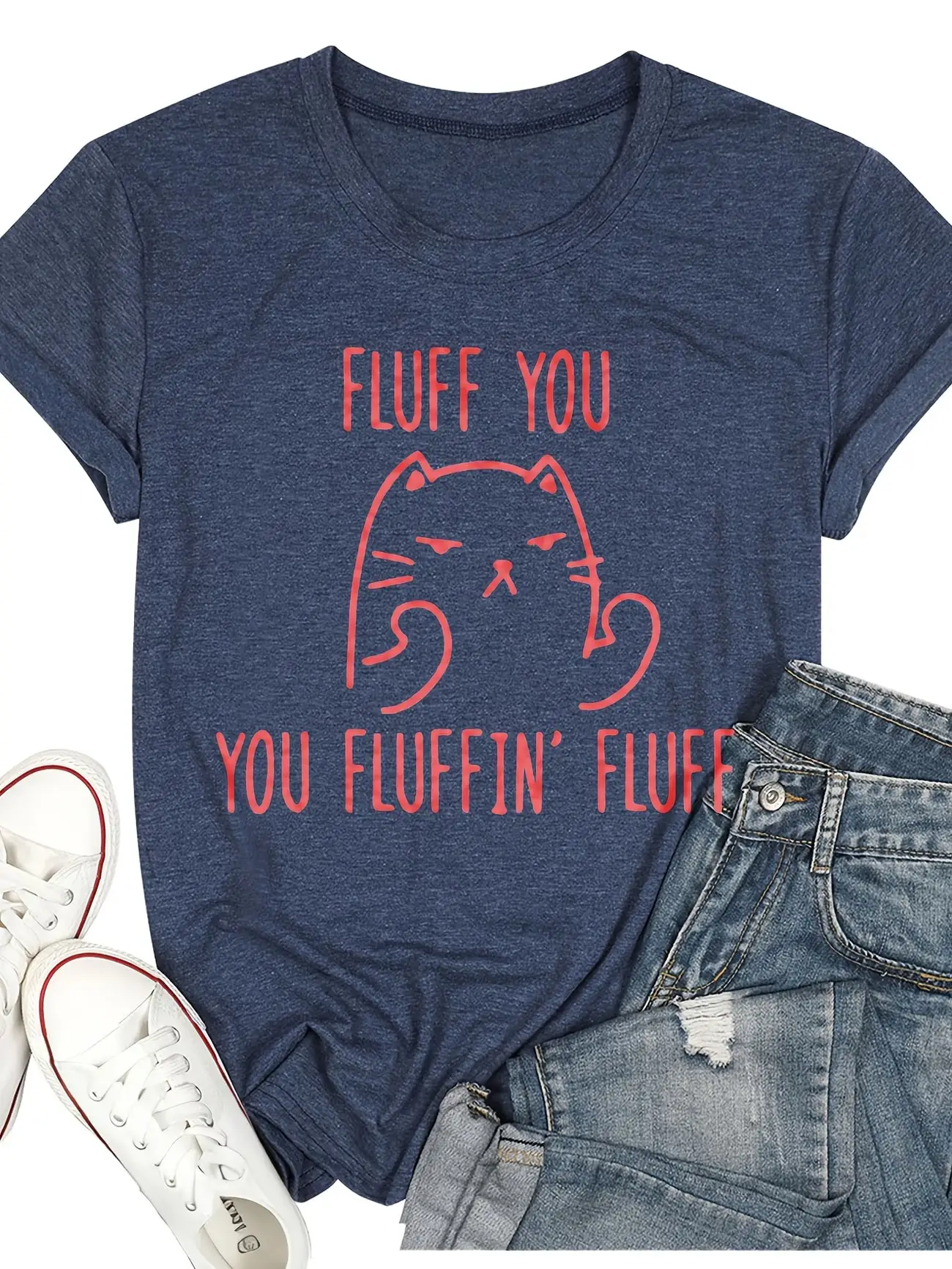 Plus size women's short sleeve T-shirt Fluff You Cat You Fluffin' Fluff breathable fabric summer outfits women's clothing