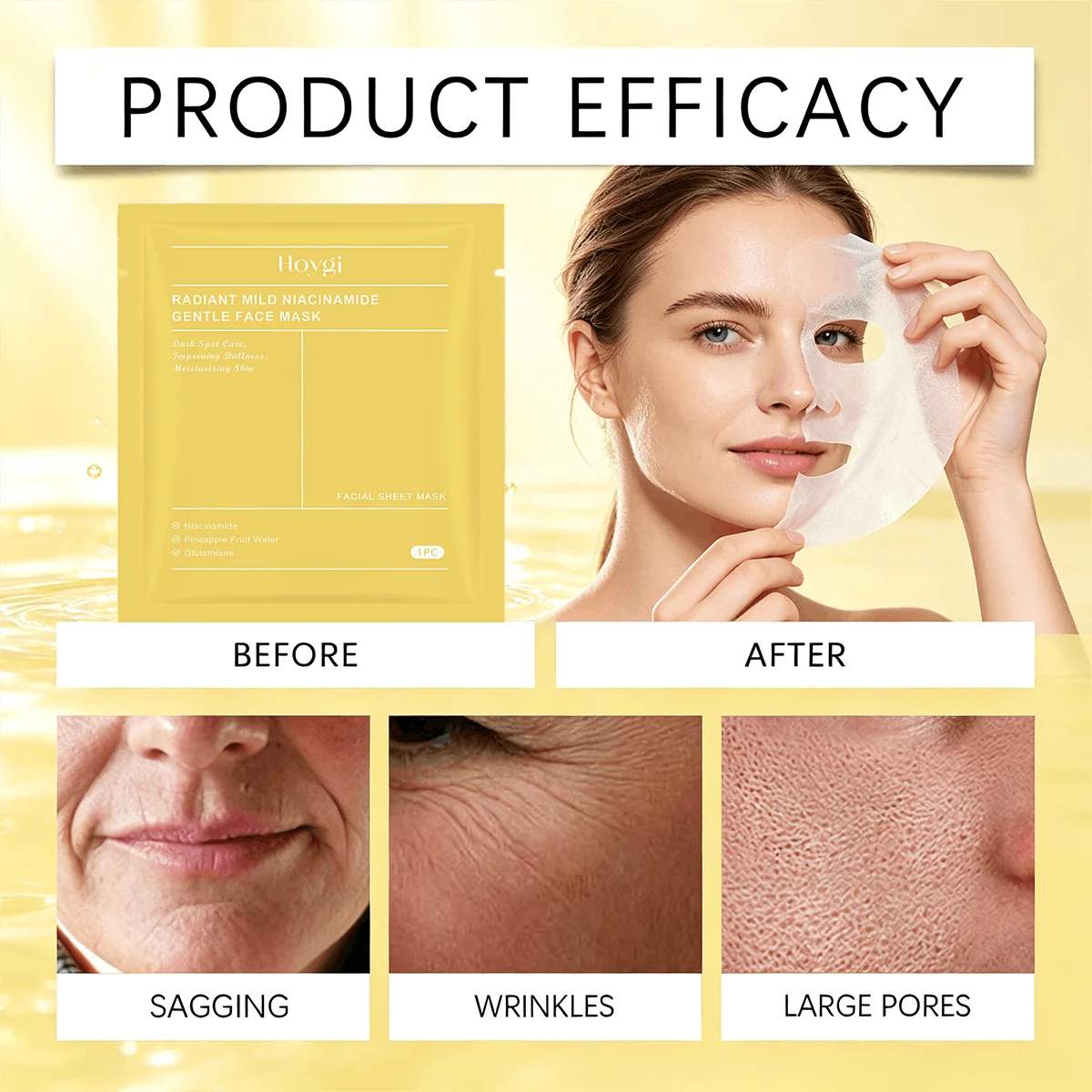 Collagen Niacinamide Facial Sheet Mask, Hoygi Radiant Mild Brightening Face Mask With Glutathione & Pineapple Fruit Water, Deep Moisturizing, Improve Dullness & Dark Spots, Hydrating Skin Care Mask For Daily Use - Image 7