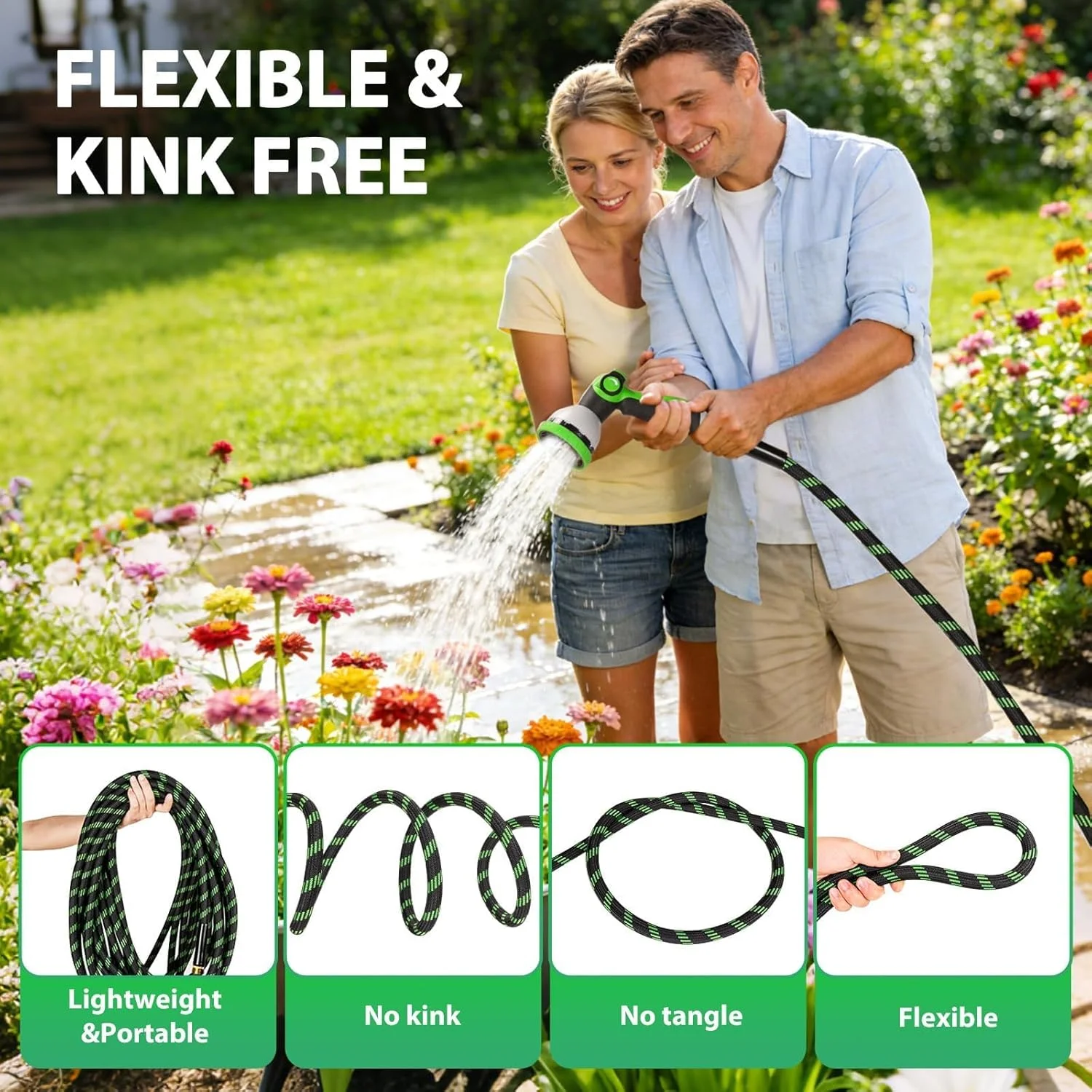 Upgraded Version of 100 Foot Non Retractable Garden Hose, Equipped with 10 Spray Mode Nozzles, lightweight and Flexible, anti Winding, with 3/4 inch Brass Joint, Explosion-Proof and Durable, Suitable for Outdoor Courtyards, Lawns and Car Washes - Image 2