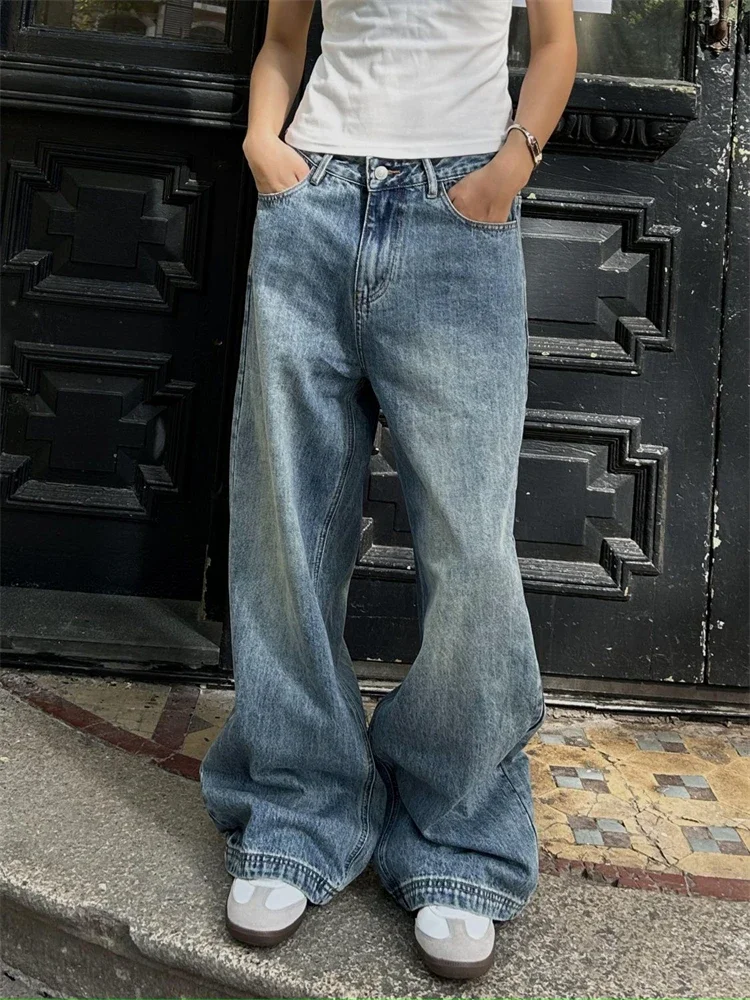 Women's Large Size Classic Style Wide Leg Blue Jeans Summer Cool Girl Casual Bottoms Female High Waist Vintage Trousers