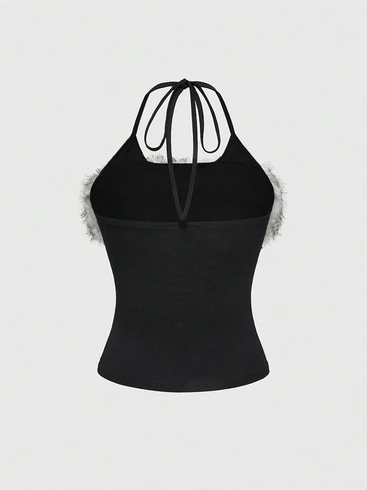 2026 Summer Women Y2K Grunge Goth Streetwear Sexy Faux Fur Trim Cross Letter Print Slim Fit Cropped Halter Neck Cami Tank Top - Image 3
