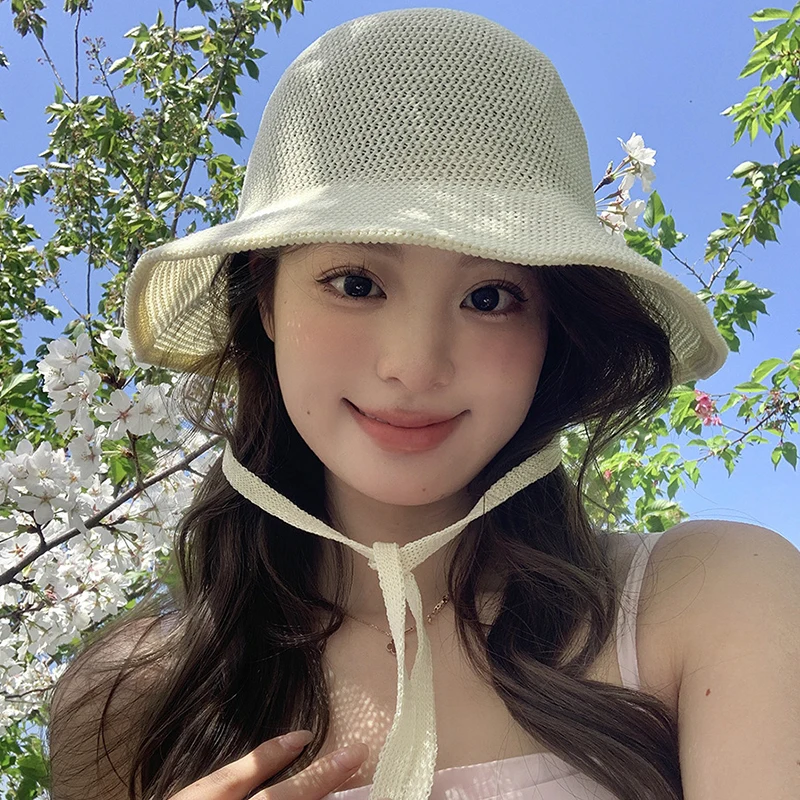 Summer Straw Sun Hat for Women Japanese Cute Strap Cap Summer Travel Versatile Sunscreen Wide Brim Bucket Hats - Image 5