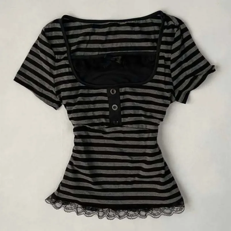 Vintage Slim Lace T-shirt Solid Color Casual Pattern Commuter High Street Fashion Y2K Cropped Top Trash Punk Hop Women's T-shirt - Image 3
