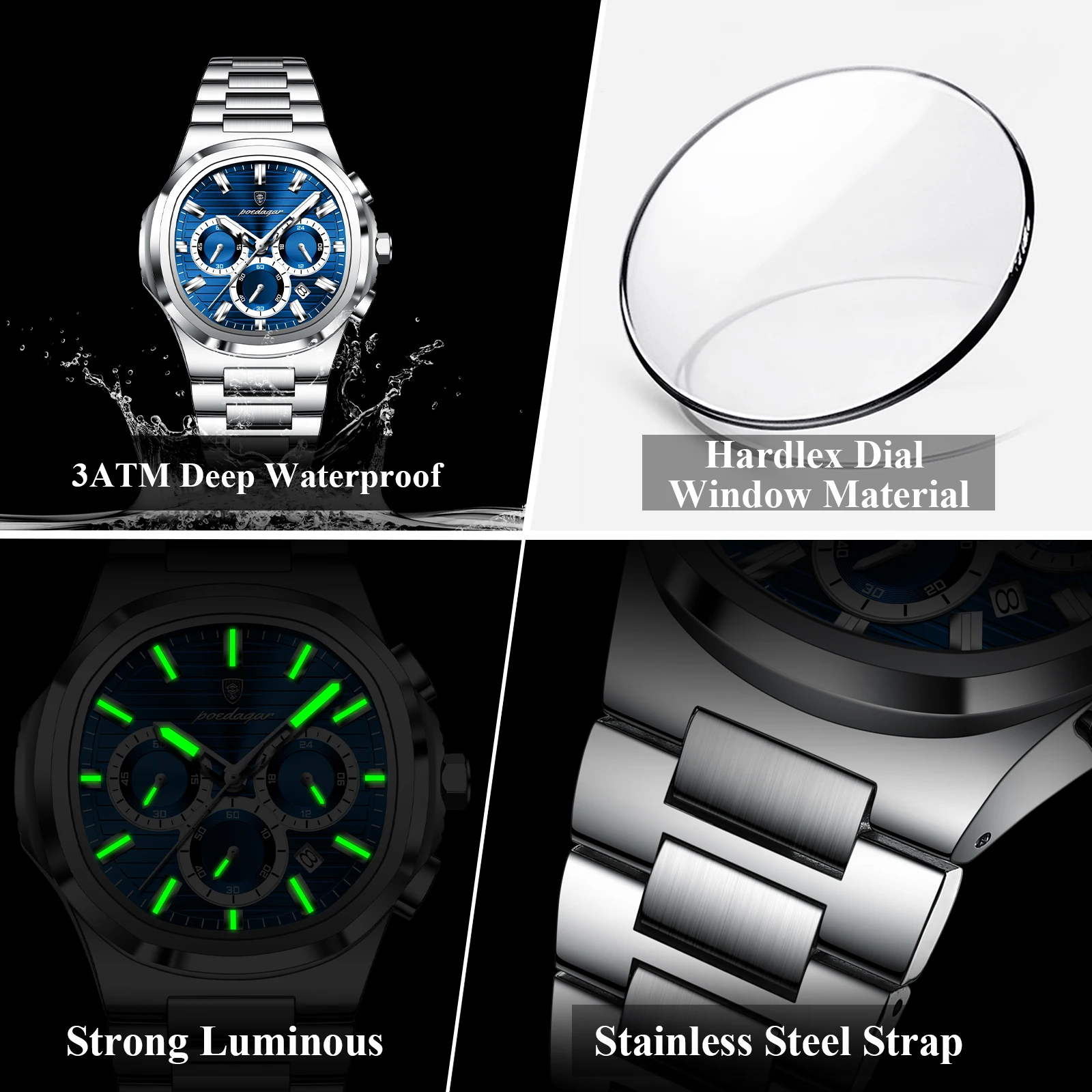 POEDAGAR Business Man Wristwatch Date Chronograph Waterproof Luminous Luxury Men Watch Stainless Steel Quartz Men's Watches Male - Image 3