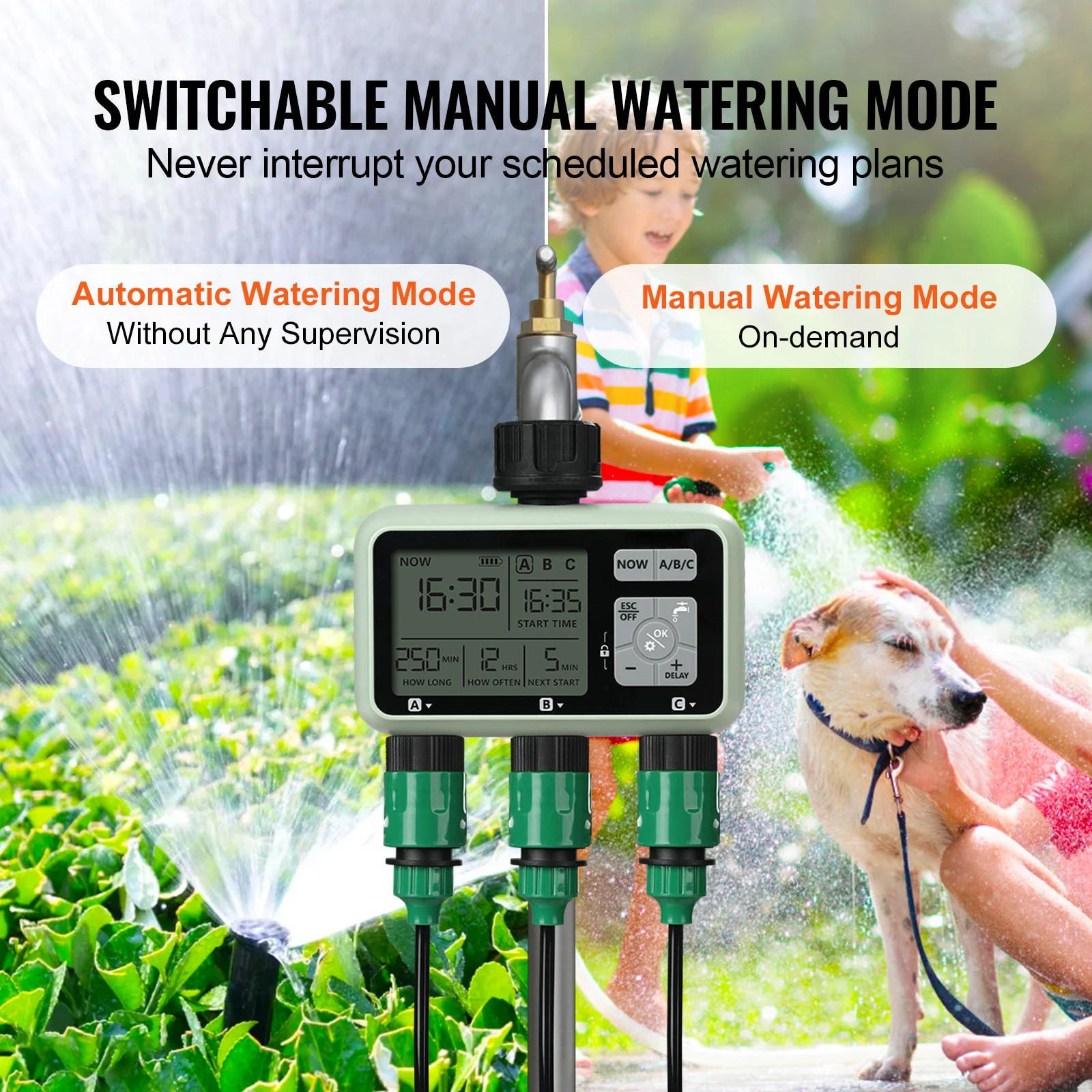 SucceBuy Water Timer 3 Outlets Hose 3 Independent Watering Zone LCD Display Rain Delay Mode Manual Mode Watering Sprinkler Timer - Image 5