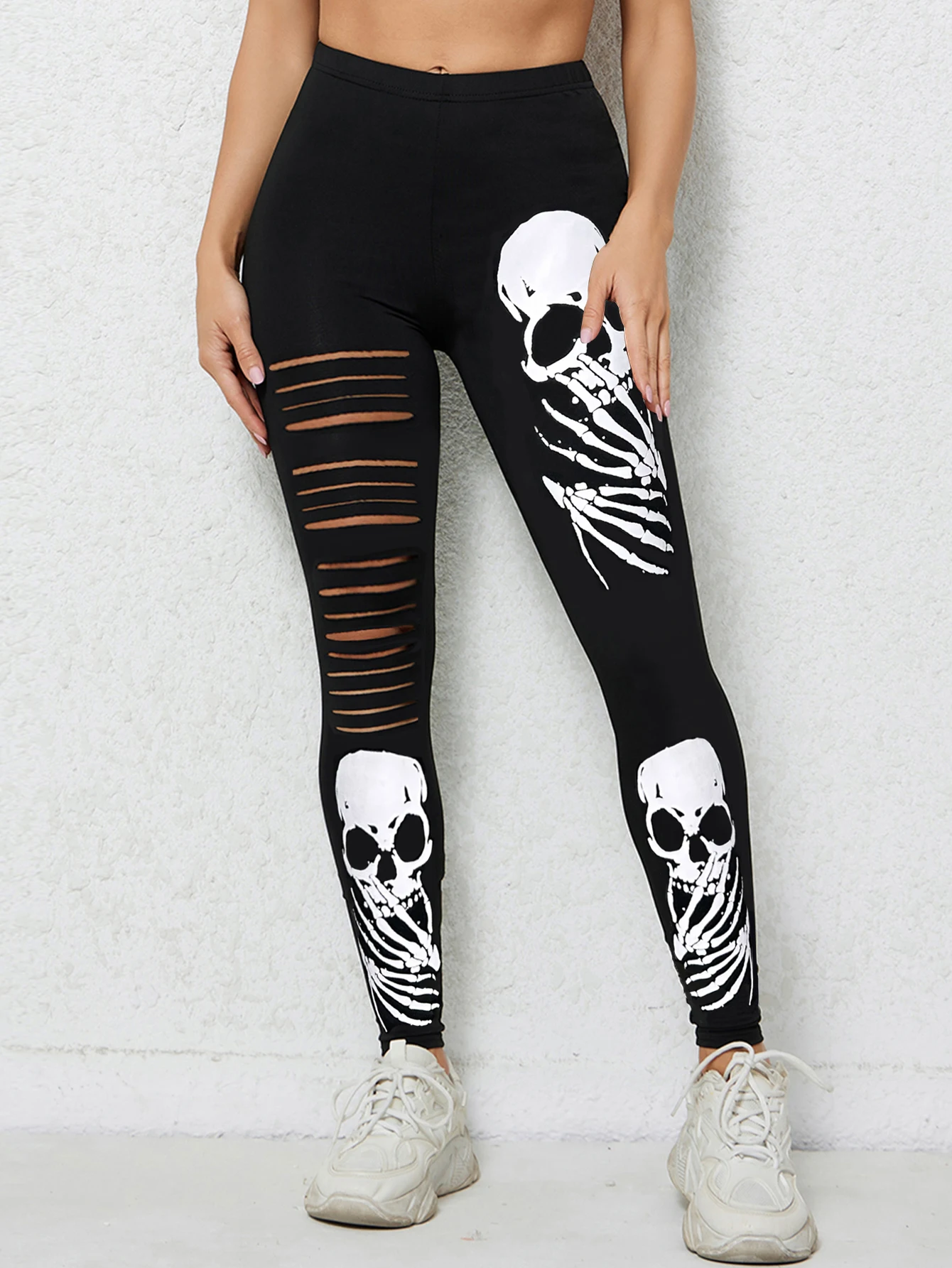 Europe And The United States Skull Printed Nine-point Pants Halloween Hole Leggings Personality Creative Style
