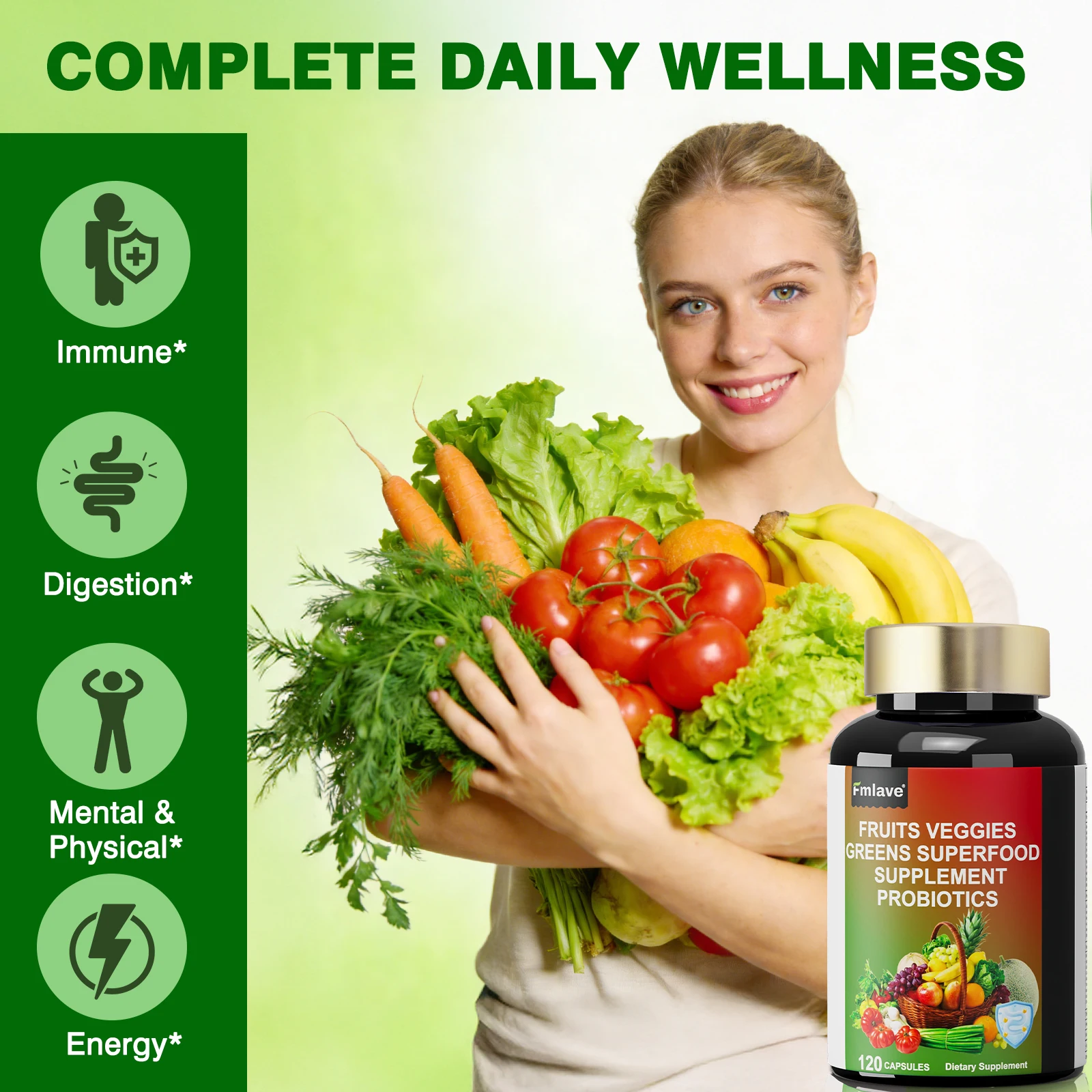 Fmlave Fruits and Veggies Supplement Reds & Green Superfood - Balance of Over 70 Fruit & Vegetable Supplements Capsules with Probiotics Prebiotics Digestive --120Caplules - Image 5