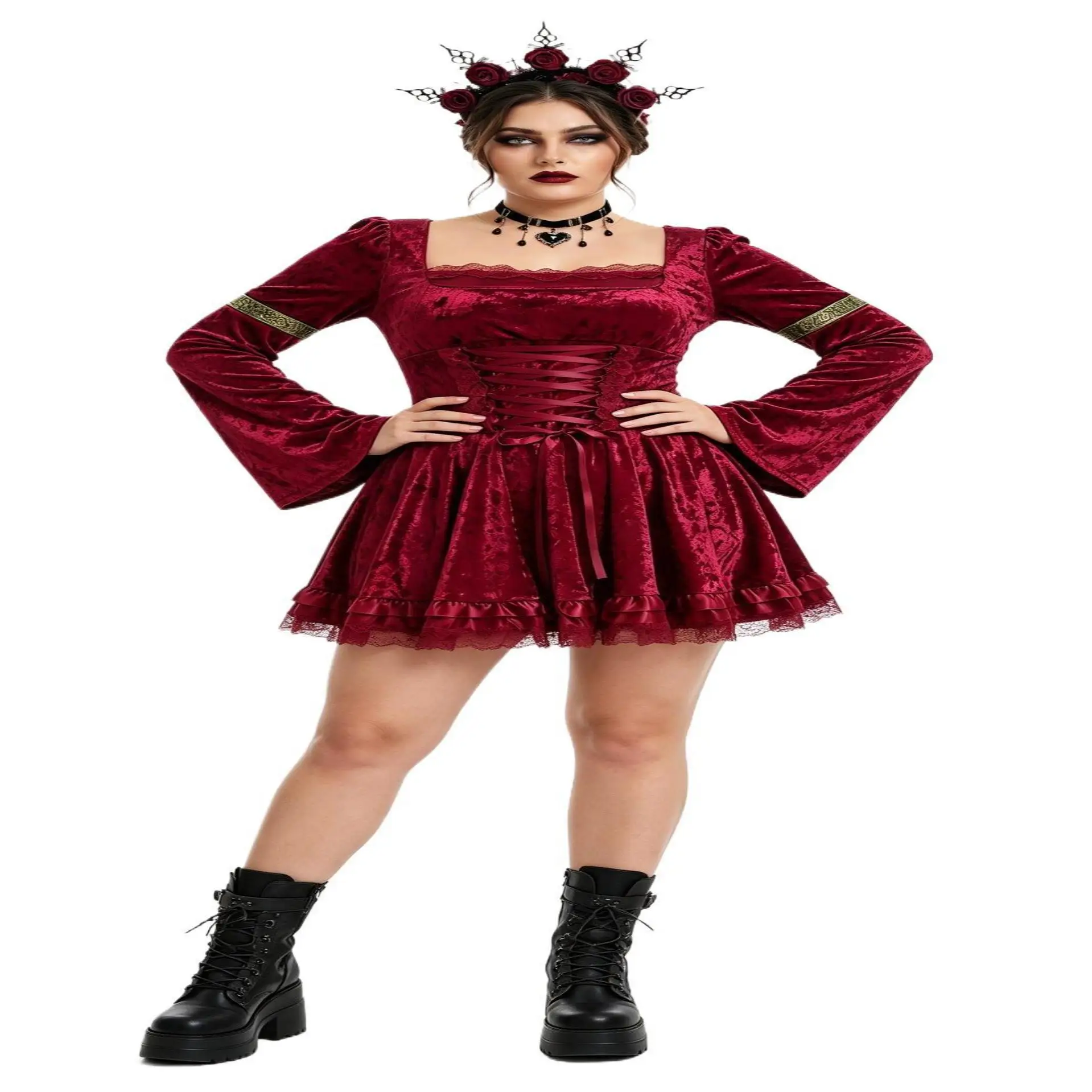Gothic Style Dark Lace Dress Halloween Performance Costume plus Size Skirt Elegant Female T-Shirt Dress PVC Material - Image 3