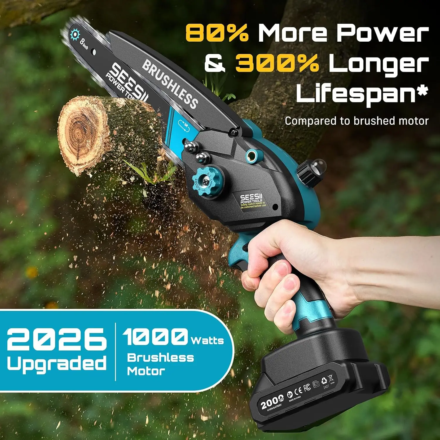 SEESII 8 Inch & 6 Inch 1000W Brushless Chainsaw Cordless Mini Chainsaw Electric Handheld Chain Saw for Tree Branch Wood Cutting Garden Tools Gift for Makita 18V battery Pin