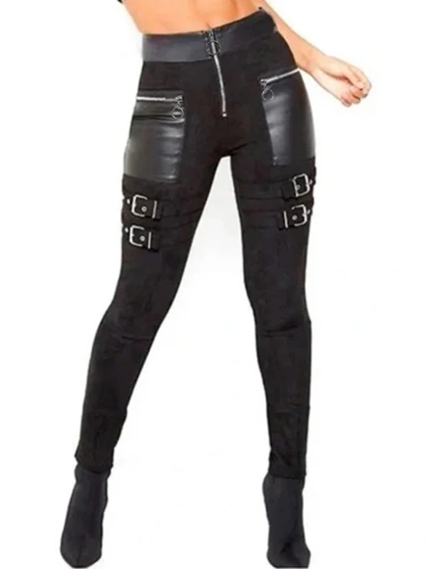 Dressfo New Women's Pants Gothic Leggings Solid Color O Ring Zipper Buckle Strap Skinny Leggings - Image 4