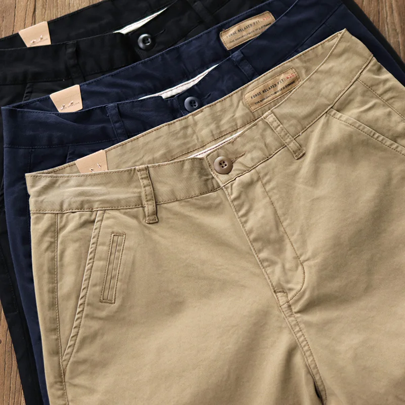 1102# Spring and Autumn New American Retro Twill Chino Casual Pants Men's Simple 97% Cotton Washed Slim Straight Pencil Trousers