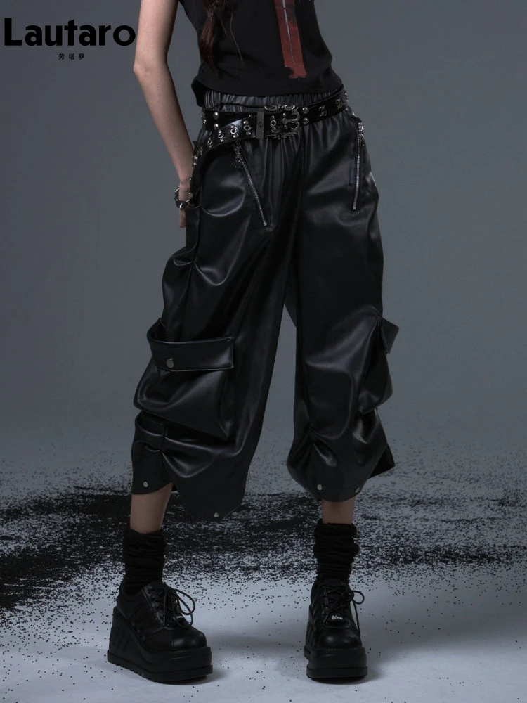 Lautaro Spring Autumn Black Pu Leather Calf-Length Cargo Pants for Women Elastic Waist Luxury Designer Emo Punk Style Clothes