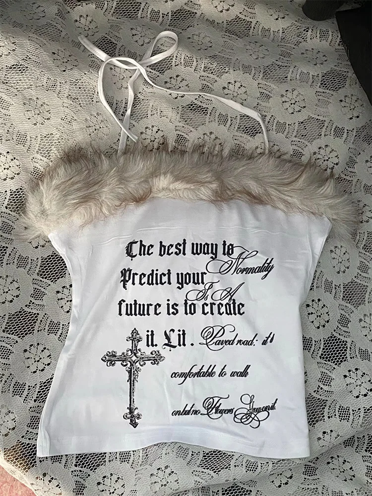 2026 Summer Women Y2K Grunge Goth Streetwear Sexy Faux Fur Trim Cross Letter Print Slim Fit Cropped Halter Neck Cami Tank Top - Image 5
