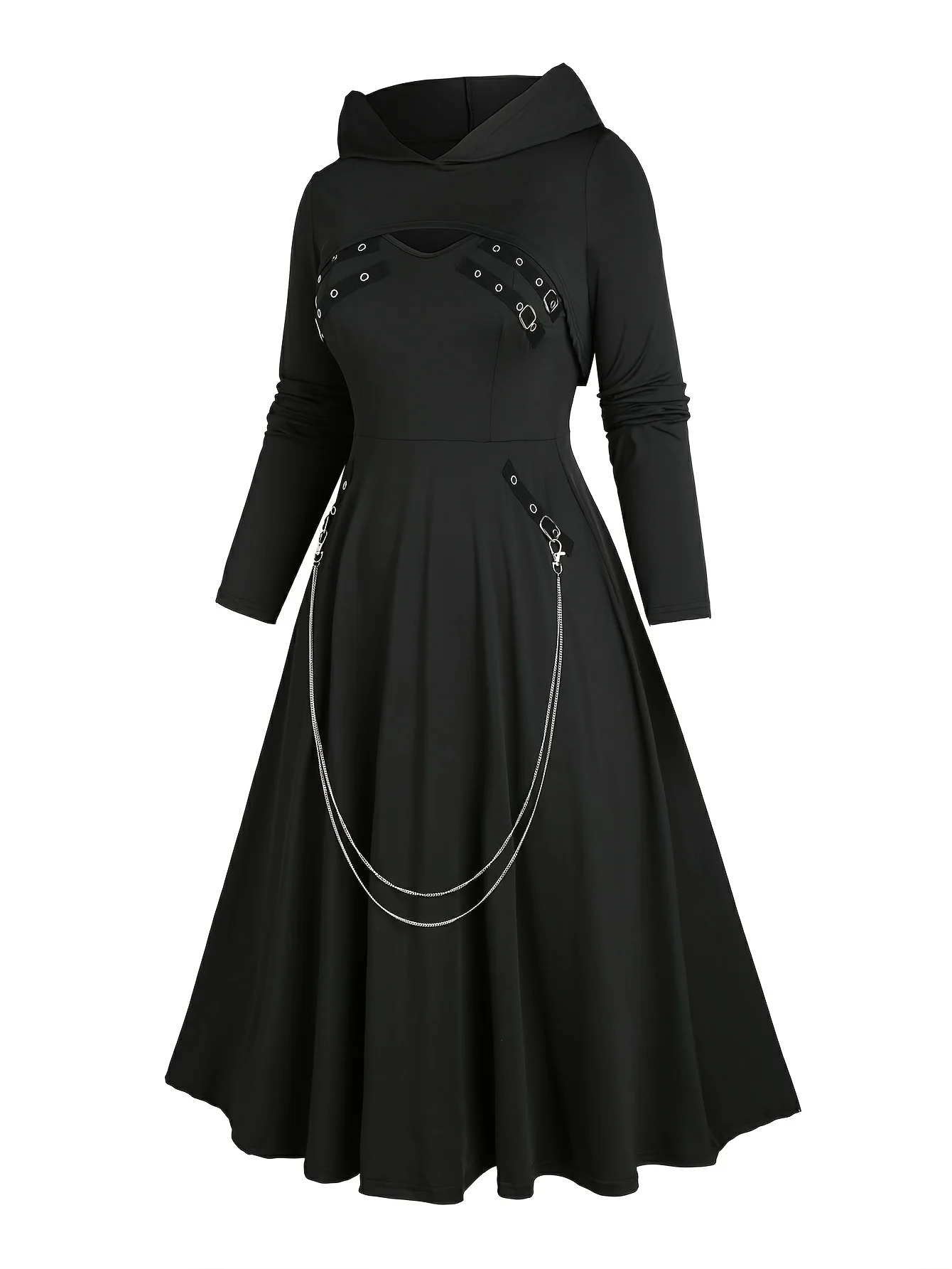 European and American Fashion Plus Size Chain Gothic Try Dress Long Sleeve Short Hoodie Two-piece Set