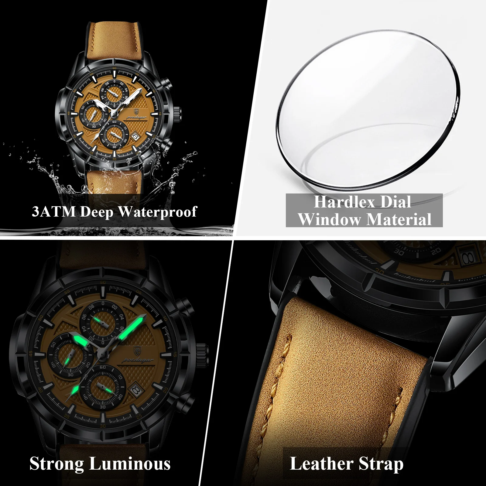 POEDAGAR Fashion Men Wristwatch Luminous Waterproof Leather Quartz Sports Men's Watches Date Chronograph Military Man Clock Gift - Image 5