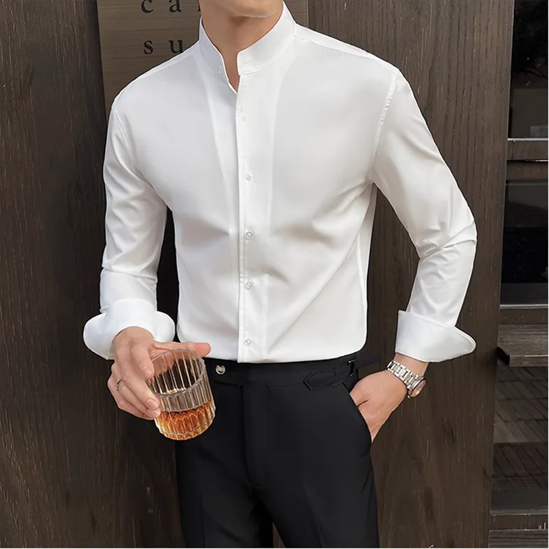 New Chinese Style Stand-Up Collar Shirt Luxury Solid Color Long Sleeve Slim Fit Elastic Casual Social Party Shirts Tuxedo 4XL-M