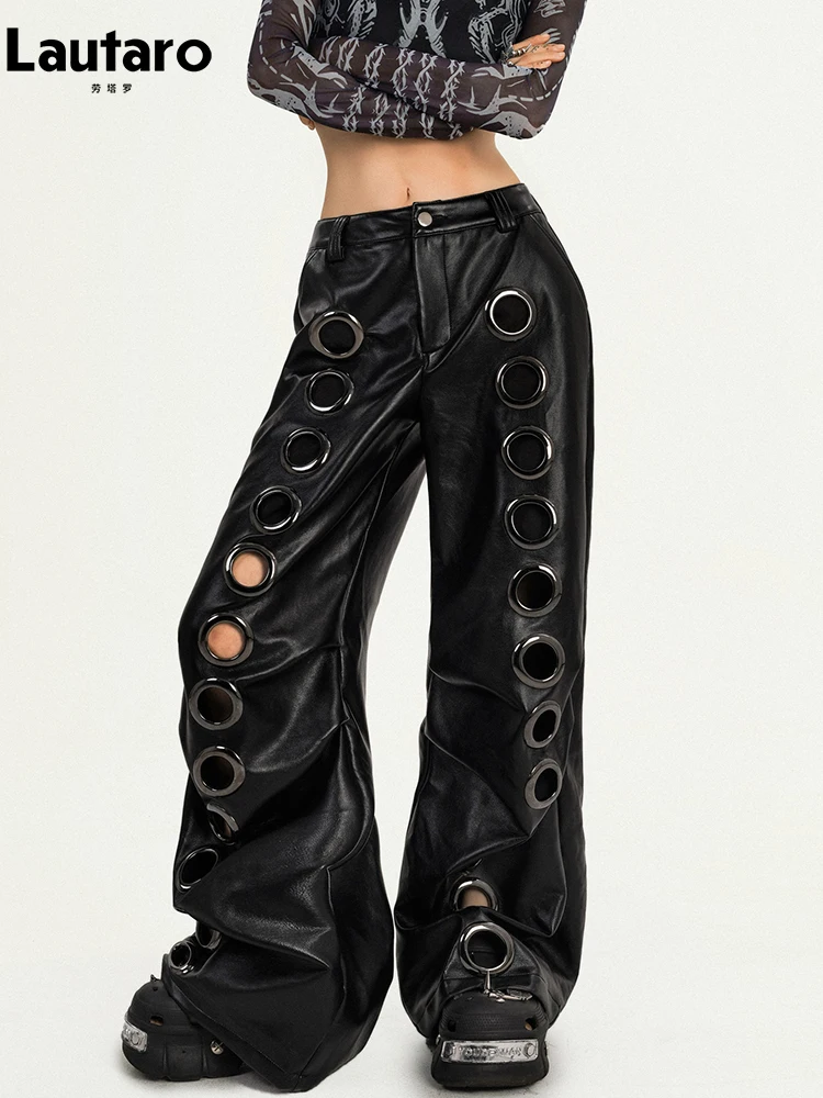 Lautaro Spring Cool Long Black Baggy Pu Leather Wide Leg Pants for Women with Many Holes Luxury Designer Emo Punk Clothes 2026 - Image 4