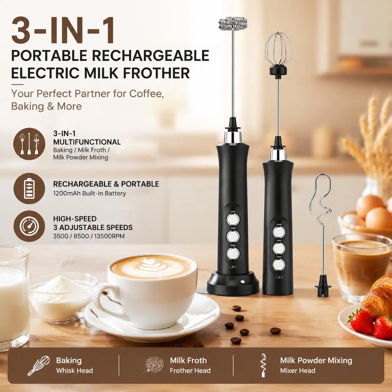 USB Rechargeable Electric Milk Frother Mini Handheld Foam Maker 3 Speed Whisks for Latte Coffee Cappuccino Stainless Steel Egg Beater Drink Mixer Hot Chocolate Blender Portable Cordless Kitchen Gadgets Tools - Image 2