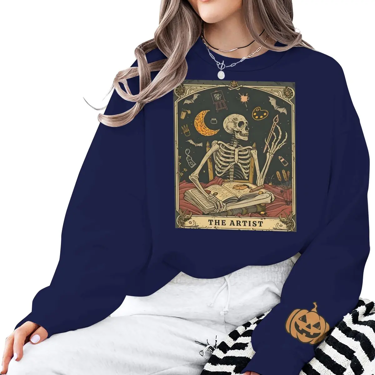 Halloween Skeleton Lovers Card Print Sweatshirt Women's Crew Neck Spooky Season Tops Long Sleeve Vintage Halloween Sweatshirts - Image 6