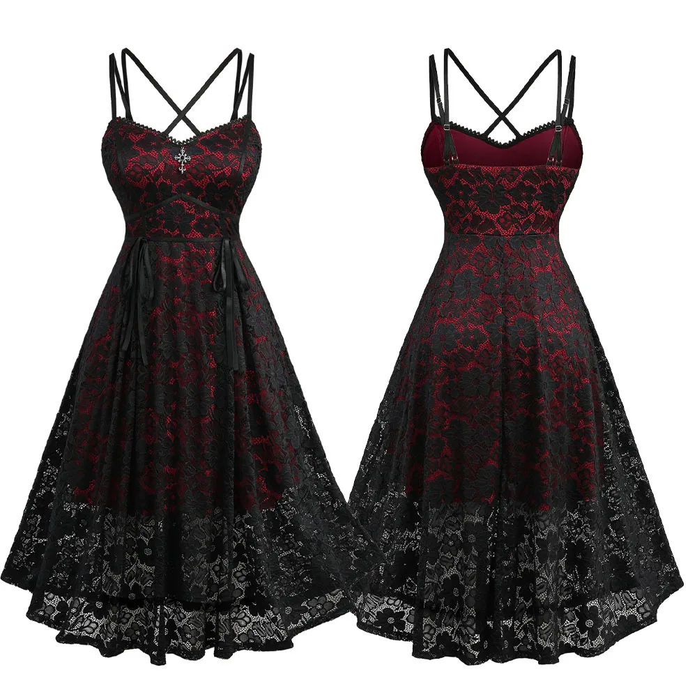 Plus Size Gothic Lace Midi Dresses Women Black Red Floral Overlay Crisscross Strappy Cami Dress Vintage Tie Waist Dress Vestidos - Image 2