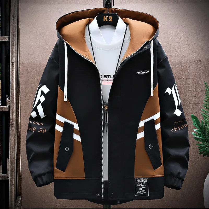 Men's Casual Hooded Jackets Autumn Patchwork Thin Coats Outwear Top Windbreaker Streetwear Clothing Plus Size - Image 2