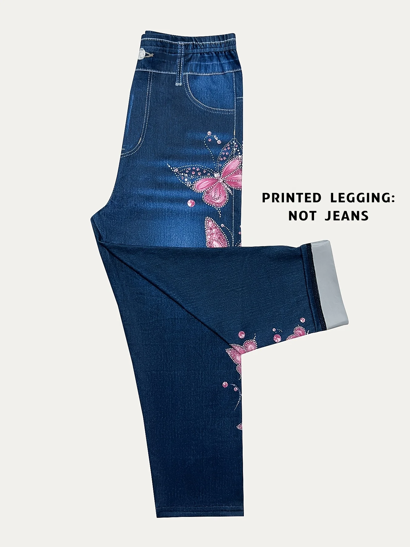Women High Waist Slim Fit Floral Print Fake Denim 7/8 Cropped Capri Pants, Suitable For Daily Casual & Sports Wear - Image 6