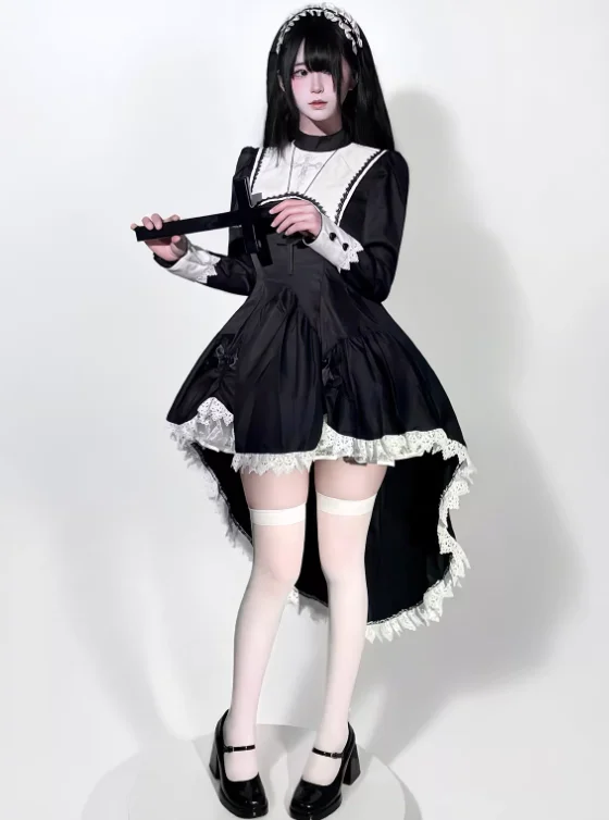 Plus Size Temperament Japanese Gothic Punk Subculture Dark COS Dress Fashion High Waist A-line Halloween Nun Irregular Dresses - Image 4