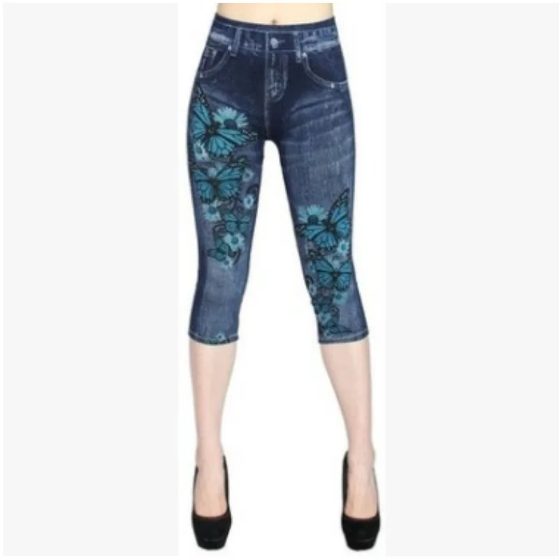 Women Print Imitation Denim Leggings Skinny Stretchy Cropped Pants Outdoor Jogging Walking Fashion High Waist Leggings - Image 5
