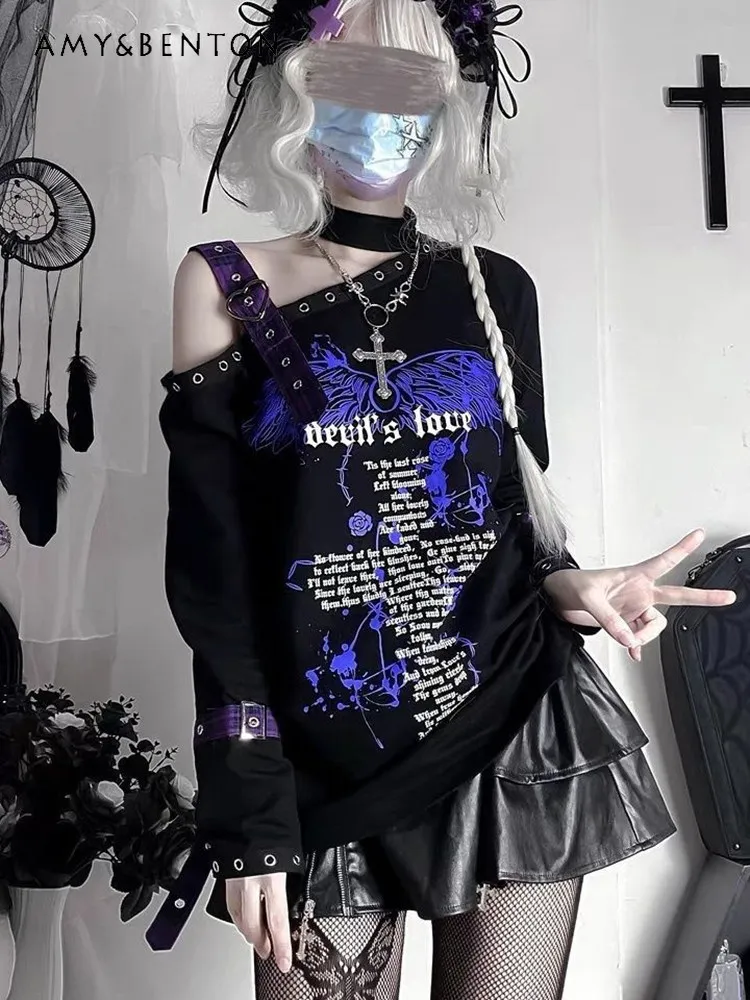 Subculture Punk Dark Goth Millennial Y2k Hot Girl Off-shoulder Long-sleeved Top Women Plus Size Summer New Letter Print T-shirt