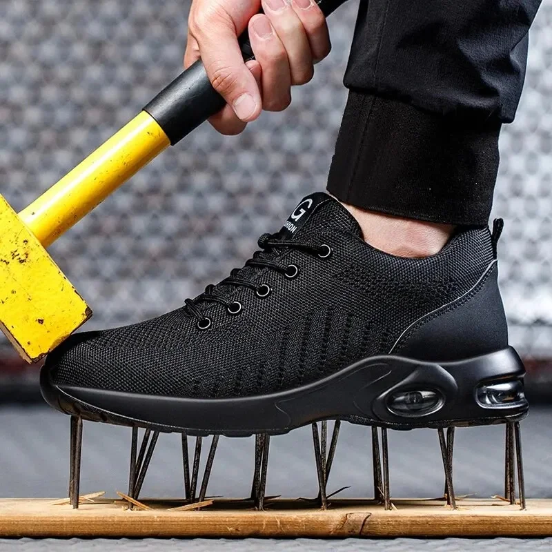 Men Safety Shoes Work Boots, Summer Solid Color Lightweight Breathable Steel Toe Anti-Smash Indestructible Tactical Work Sneakers - Image 5