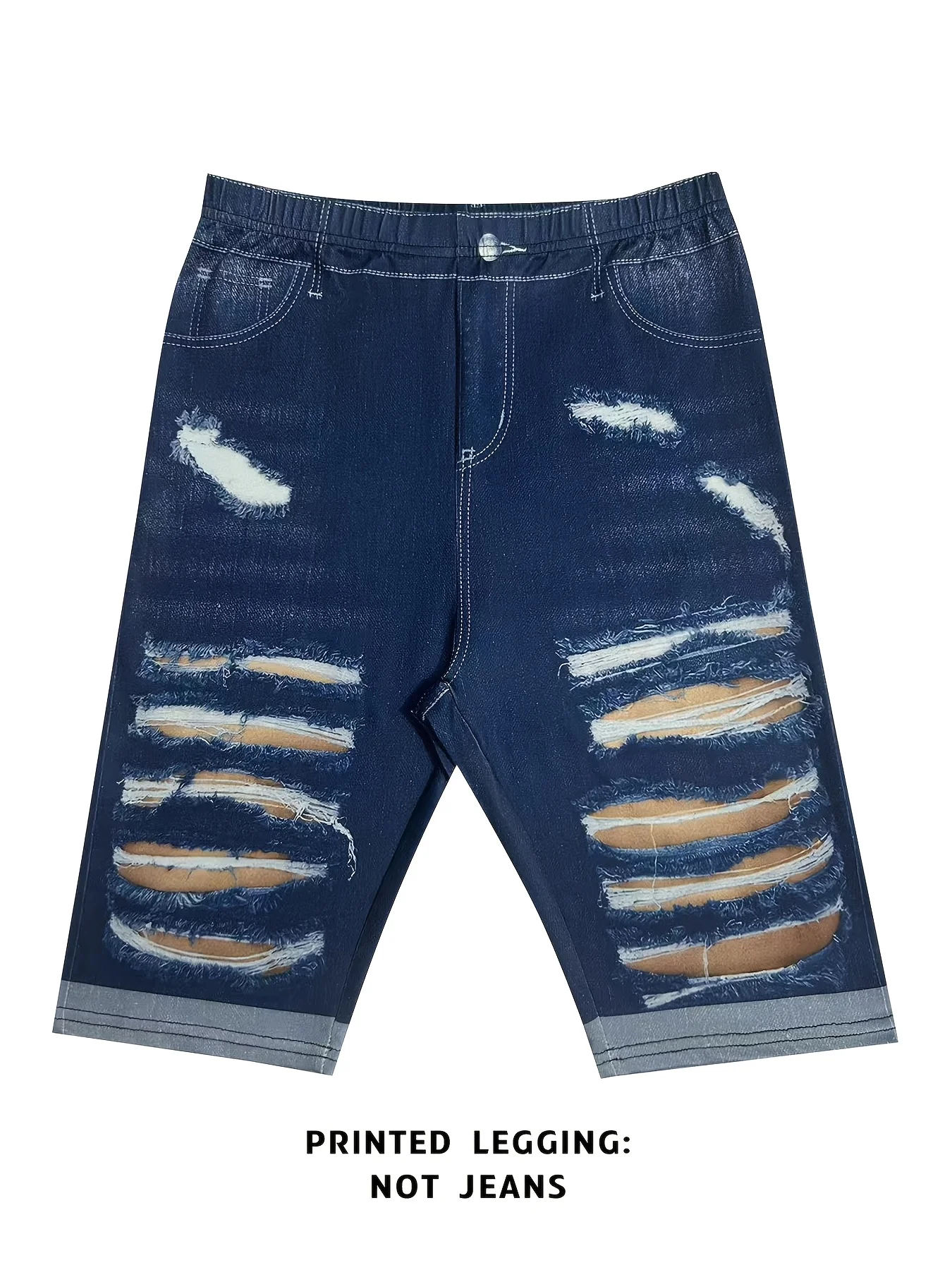Denim Print Stretch Capri Leggings Women Breathable Outdoor Beach Vacation Shorts - Image 4