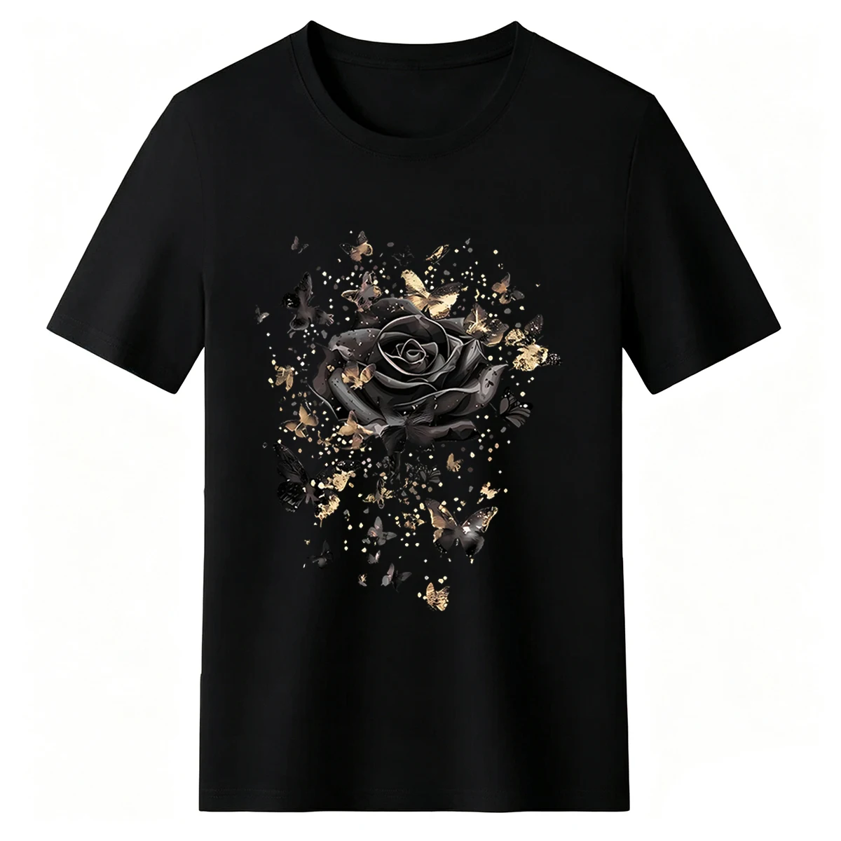 Women's Plus-Size Black T-Shirt with Rose Gold Glitter Butterfly Design — 100% cotton, oversized fit, crew neck, short sleeves; perfect for fans of gothic floral aesthetics and ideal for casual street style. - Image 5