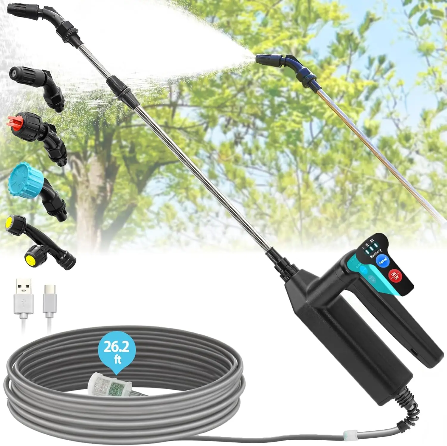32 Inch Battery Powered Garden Sprayer Telescopic Wand,with 3 Adjustable Speeds,26.2 FT Hose,With 4 Adjustable Nozzles & Filter