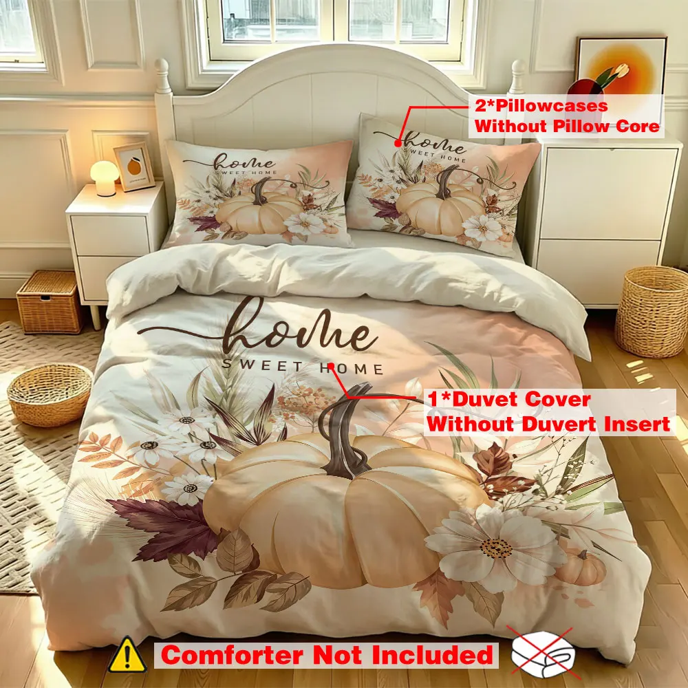 Vintage Fall Pumpkin Home Sweet Home 3Pcs Duvet Cover Set Floral Harvest Bedding Set Soft Farmhouse Bedroom Decor