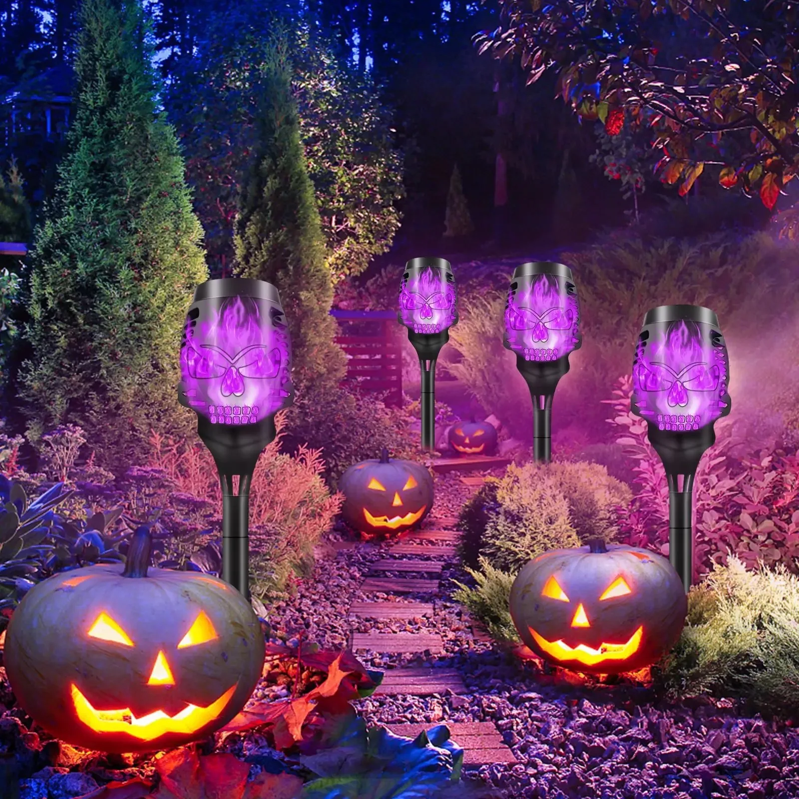 4PCS Halloween Purple Skeleton Solar Flame Torch Lights Flickering Light Waterproof Garden Decoration Outdoor Lawn Path Yard Patio Floor Lamps
