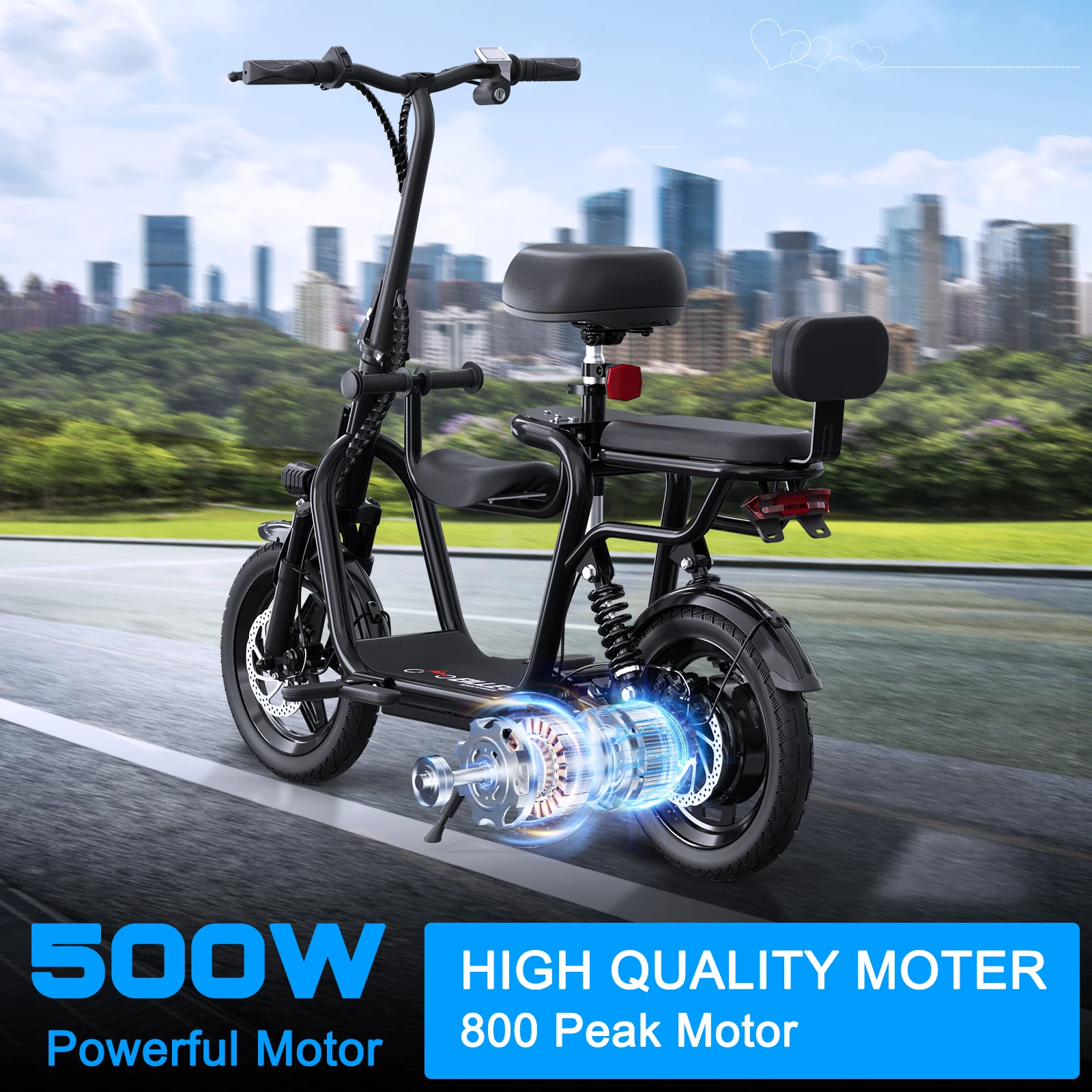 Spacewalk 36V Electric Scooter with 3 Seats for Adults Power by 500W Motor Peak, E Bike with 14" Tire and 20 Miles Range&17.4Mph - Image 2