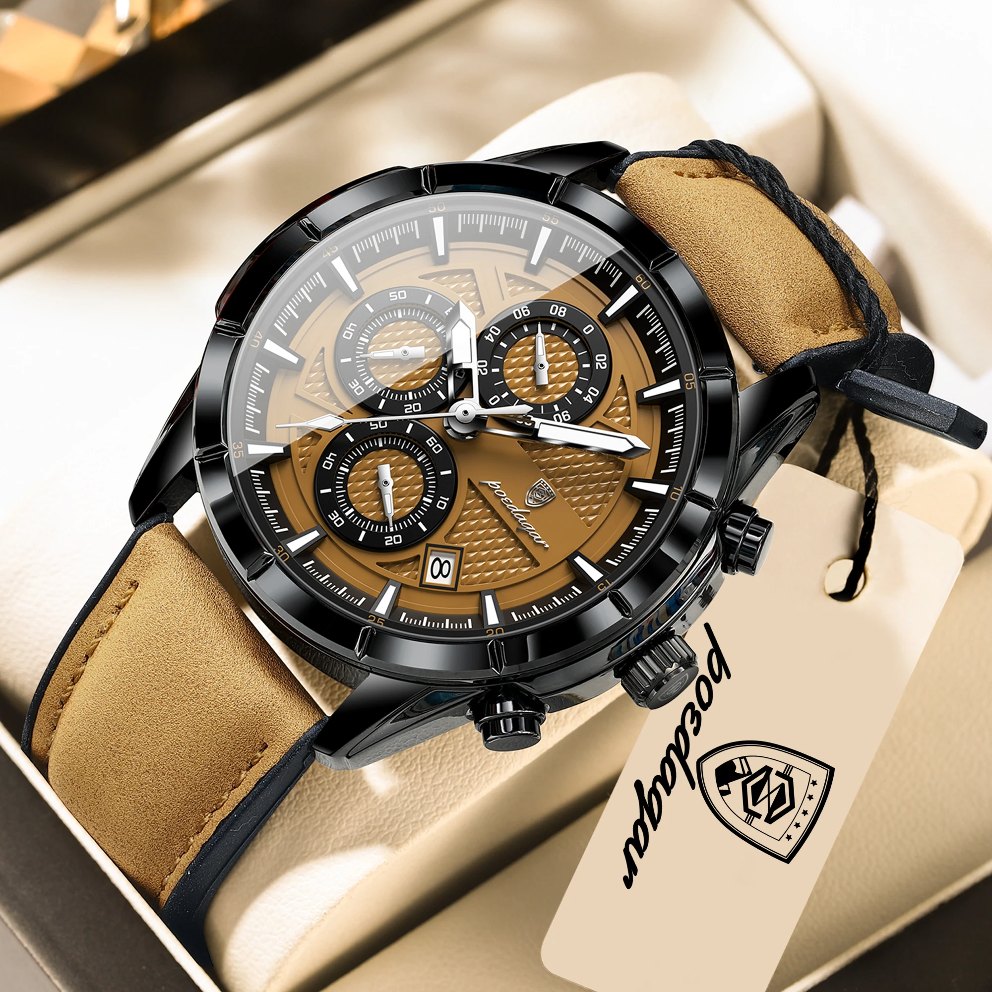POEDAGAR Fashion Men Wristwatch Luminous Waterproof Leather Quartz Sports Men's Watches Date Chronograph Military Man Clock Gift - Image 3