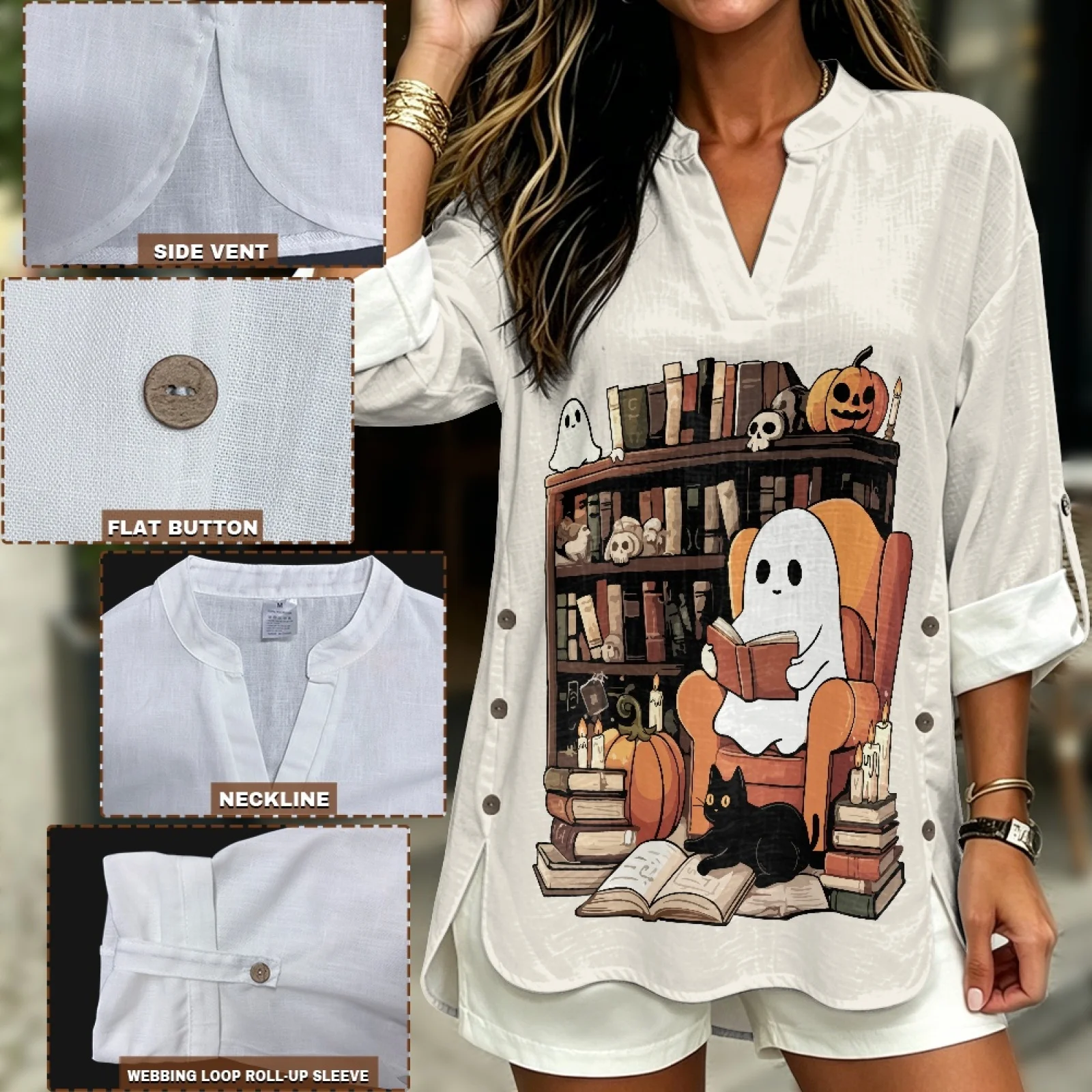 INSTANTARTS Women's Linen V-Neck Shirt Short Woman plus size clothing Sleeve T-shirts Women Poleras Blusas Autumn Solid Color - Image 6