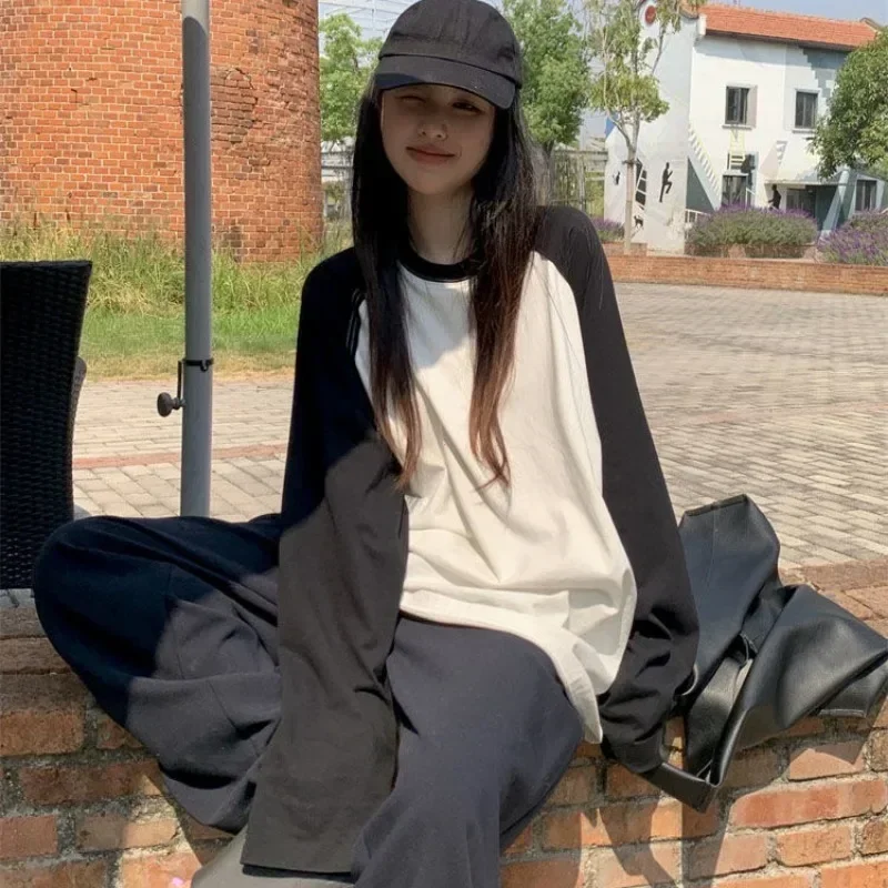 Casual Oversized T Shirt Y2k Tops Harajuku Long Sleeve O-Neck T-Shirts Spring Autumn Black White Patchwork Tees Women Streetwear - Image 2