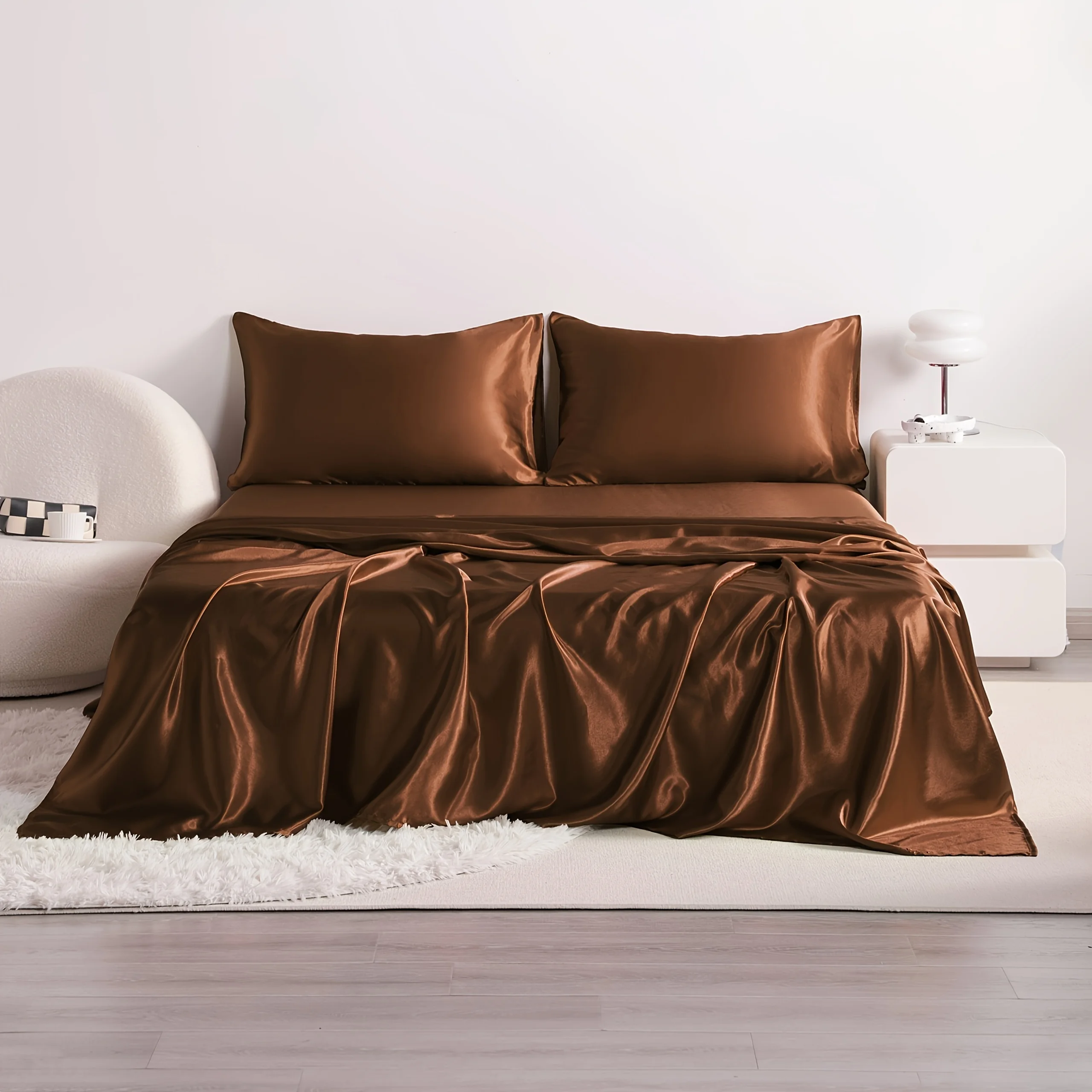 4pcs Cooling Satin Bed Sheet Set, Shrink-Resistant, Fade-Resistant, Hypoallergenic, Breathable, Flat Sheet & Fitted Sheet & Pill - Image 5