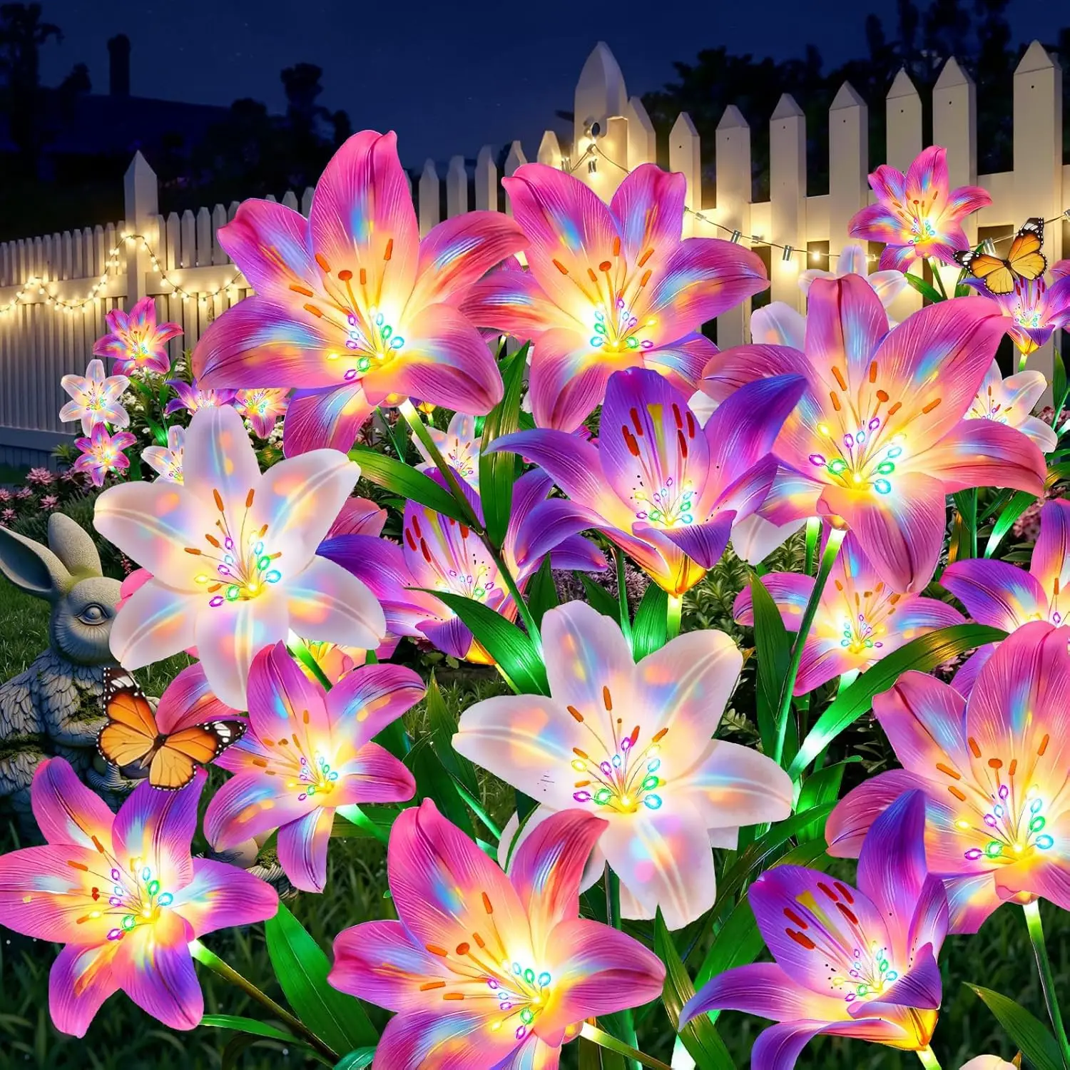 Solar Lights Outdoor Garden Decor - 6 Pack Solar Flowers with 30 Heads Colorful Lily Lights & Glowing Stems, Brighter Waterproof Decorative Garden Lights for Yard, Patio, Flower Bed, Gifts