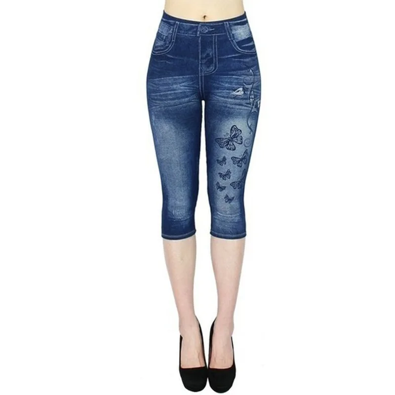 Women Print Imitation Denim Leggings Skinny Stretchy Cropped Pants Outdoor Jogging Walking Fashion High Waist Leggings - Image 3