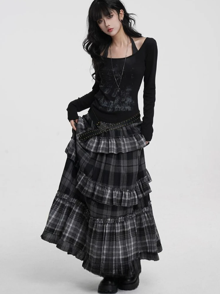 Y2k Harajuku Vintage Long Skirts Plaid Ruffles Patchwork Casual Loose Cake Skite Punk Gothic Streetwear All Match Women Clothing - Image 2